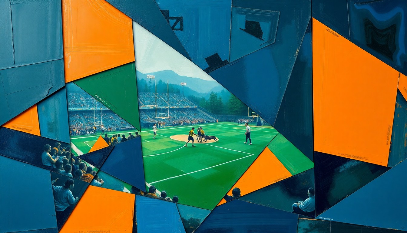 A cubist, geometric painting depicting a high school sports competition broken down into overlapping planes of navy, green, and orange, conveying the fractured nature of athletic governance.