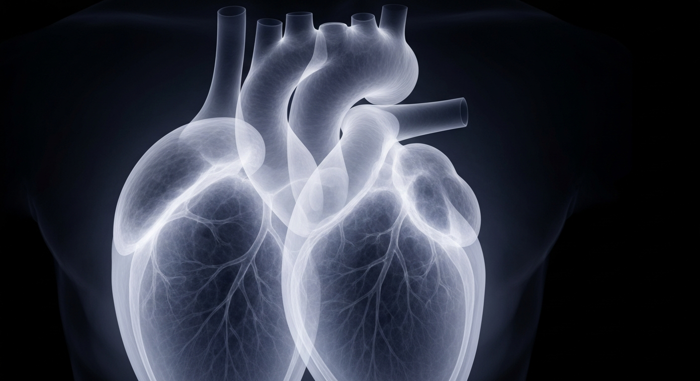 A ghostly, translucent X-ray photograph showing the enlarged and damaged structure of a human heart, conceptually illustrating the serious heart condition affecting a young chef.