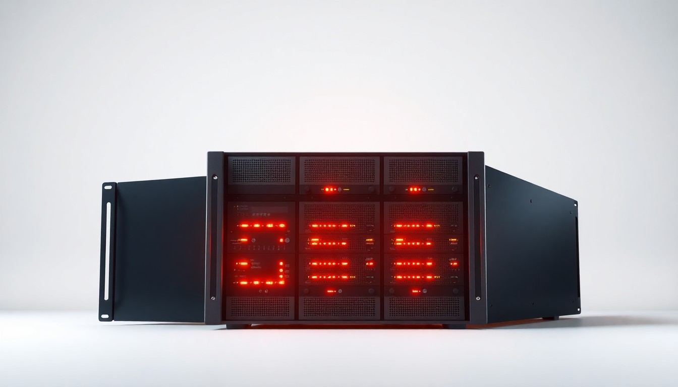 A photorealistic studio still life of a sleek, metallic server rack with glowing indicator lights, resting on a clean white background and dramatically lit to highlight the premium materials and conceptually represent the technological advancements coming to the Georgetown area.