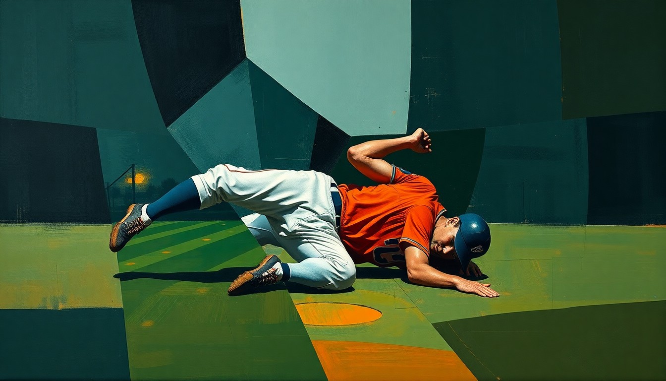 A cubist-style painting featuring overlapping geometric shapes in navy, green, and orange, abstractly representing a baseball player collapsing on the field during a game.