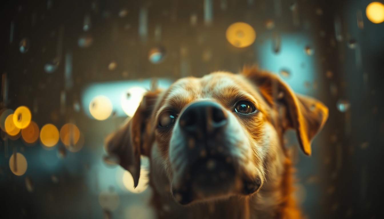 An abstract, impressionistic close-up of a dog's face, with the subject blurred and surrounded by soft, warm pools of light and color, conveying the emotional need for adoption and fostering at the overcrowded shelter.