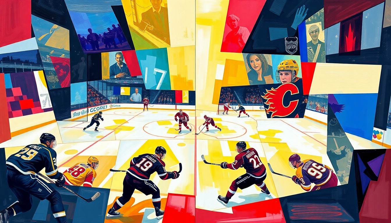 A cubist, geometric painting depicting a hockey game, with the players and ice surface broken down into overlapping, angular shapes in the colors of the Kings and Flames uniforms.