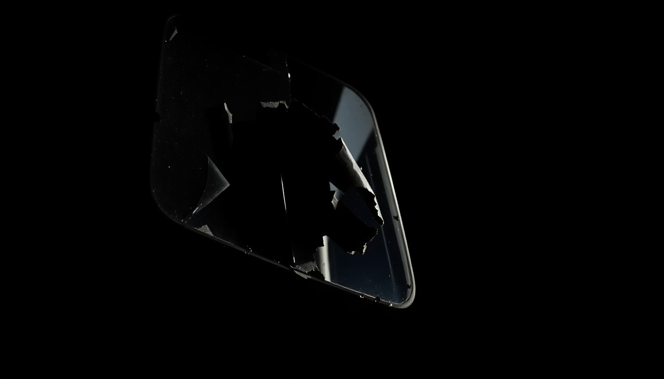 An extreme close-up of a semi-truck's shattered side mirror, capturing the gritty, investigative aesthetic of the incident through dramatic lighting and stark contrast.