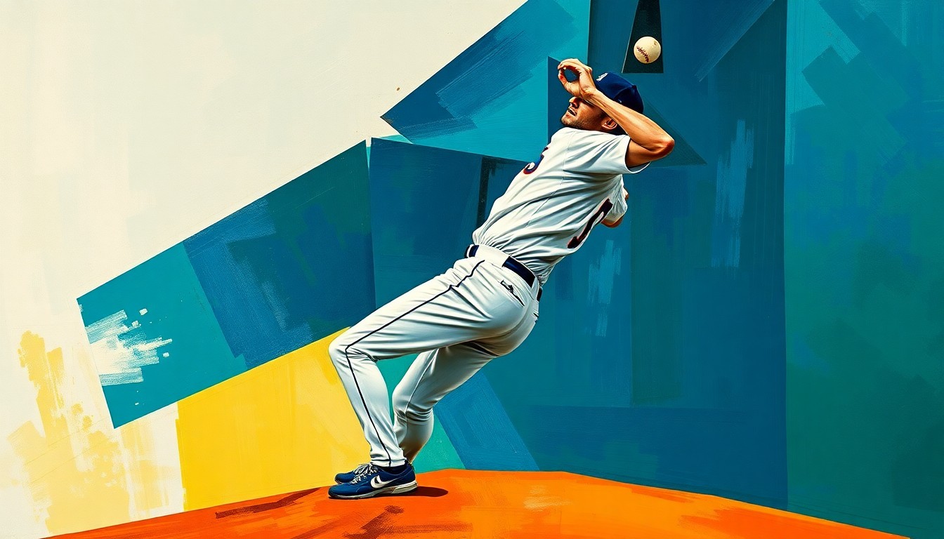 A cubist, geometric painting depicting the fractured motion of a baseball pitcher's windup and delivery, conveying the dynamic energy of the sport.