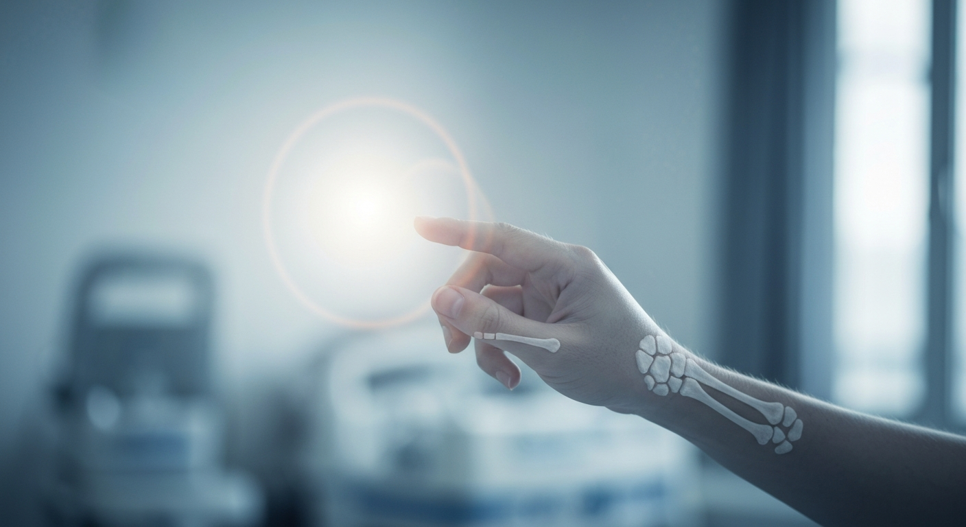 A translucent X-ray photograph showing the intricate bone structure of an elderly person's hand reaching out, conveying the fragility and resilience of aging.