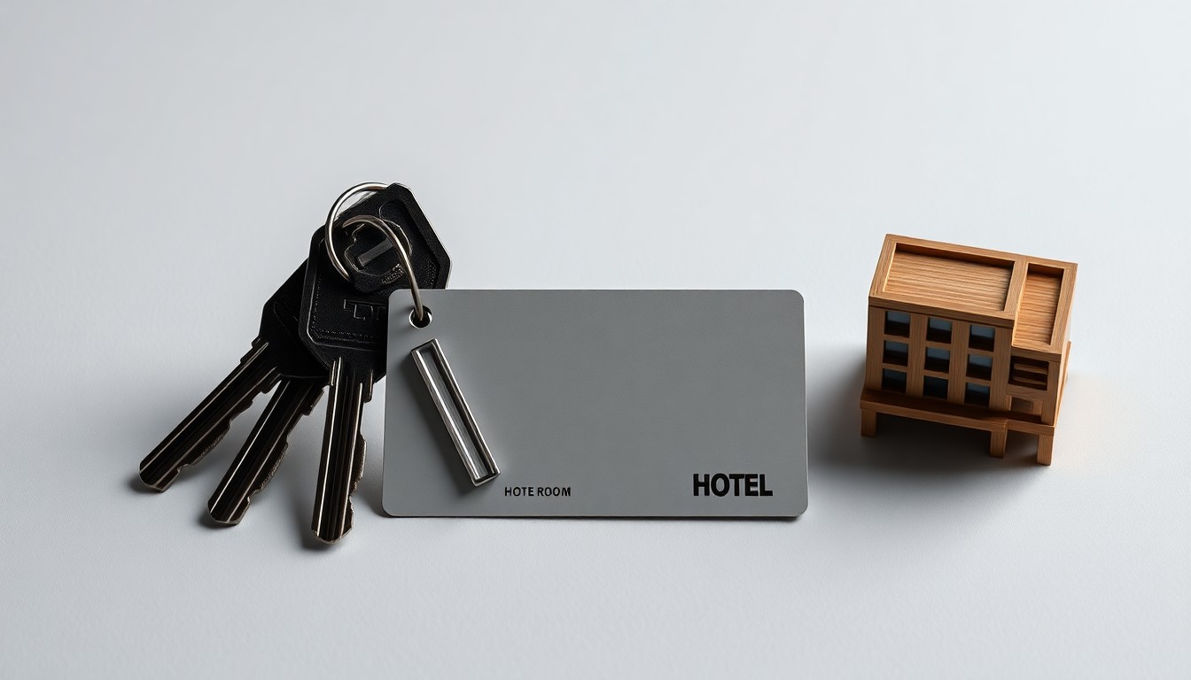 A high-end, photorealistic studio still-life photograph featuring a stack of hotel room keys, a hotel room keycard, and a small model of a hotel building, all arranged elegantly on a clean, monochromatic seamless background, conceptually representing the business of hotel ownership and management.