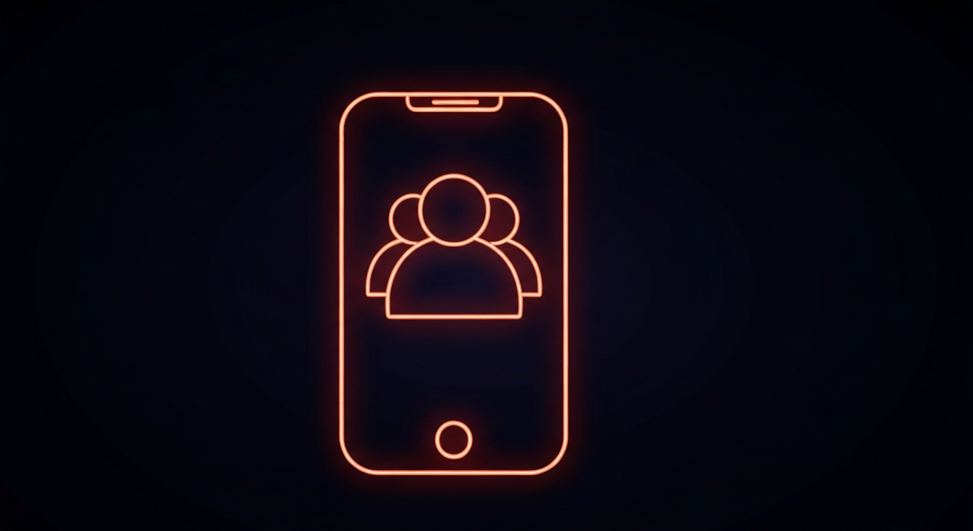 A minimalist, glowing neon outline of a smartphone or social media app icon against a dark background, conceptually illustrating the addictive qualities of social media technology.