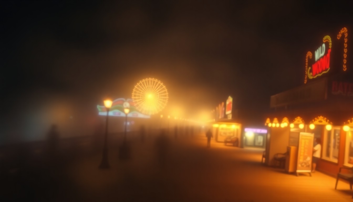 An abstract, impressionistic photograph of the Wildwood boardwalk at night, with blurred lights and colors creating a warm, atmospheric scene that evokes the energy and activity of the iconic shore destination.