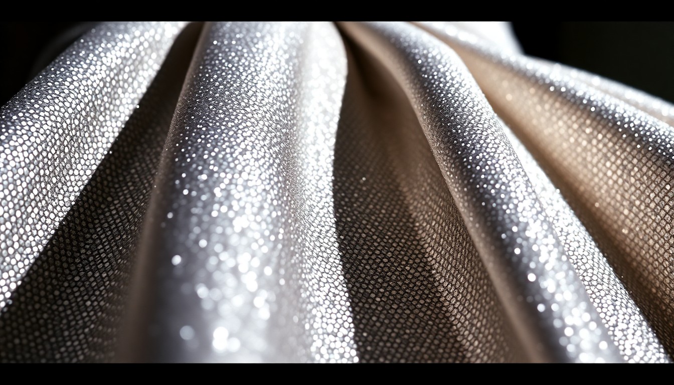 An extreme close-up photograph of a shimmering metallic fabric with dramatic, high-contrast lighting, capturing the luxurious texture and glamorous aesthetic of Hilary Duff's award show dress.