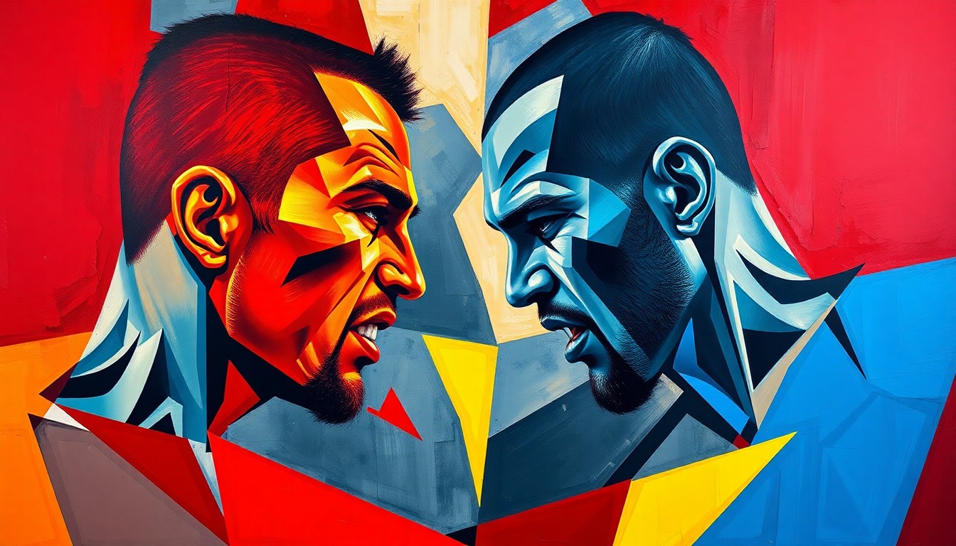 A cubist, geometric painting depicting the chaotic action of a UFC fight, with sharp, overlapping planes of color representing the intensity and drama of the main event bout.