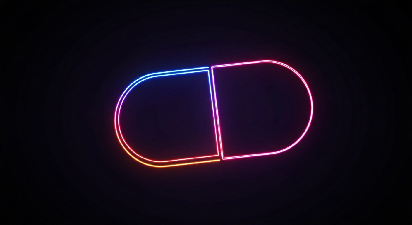 A glowing neon outline of a pill capsule against a dark background, representing the opacity and complexity of prescription drug pricing.