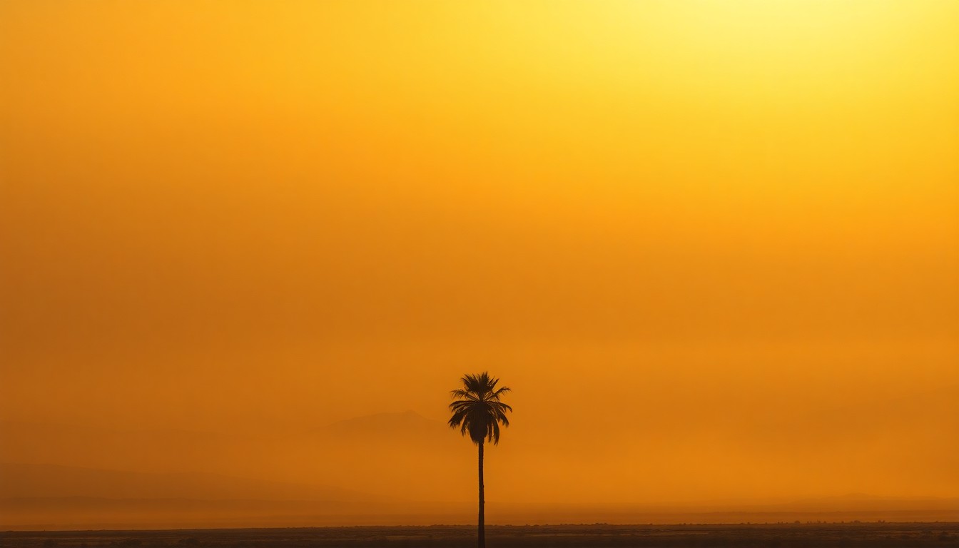 A sweeping, atmospheric landscape painting in muted earth tones, with a lone palm tree silhouetted against a shimmering, hazy sky, conveying the overwhelming scale and power of the natural environment.
