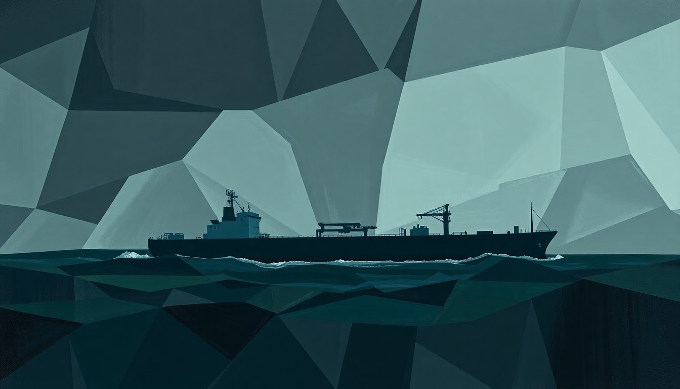 A dynamic, abstract painting in shades of blue and green depicting the fractured outline of an oil tanker ship, representing the economic conflict between the US and Iran over oil and finance.