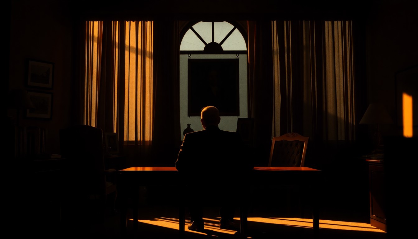A moody, cinematic painting of a lone political figure seated in a dimly lit office, the warm light casting deep shadows and a sense of isolation, conceptually representing the culture of abuse and lack of accountability in Washington, D.C.