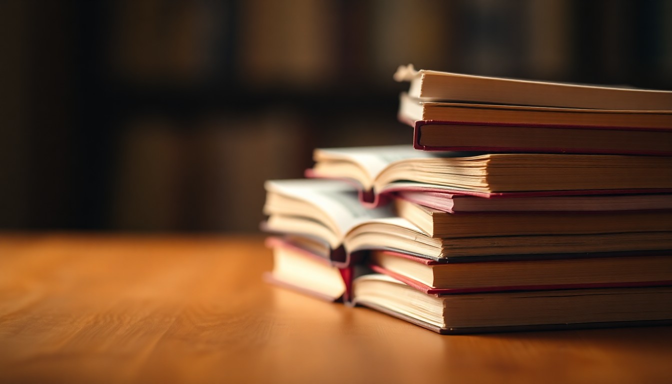 A softly blurred, out-of-focus photograph in warm, hazy tones depicting a stack of open books on a wooden table, with the spines of the books creating a repeating pattern of shapes and colors, conceptually representing the reflective and personal nature of the author's work.
