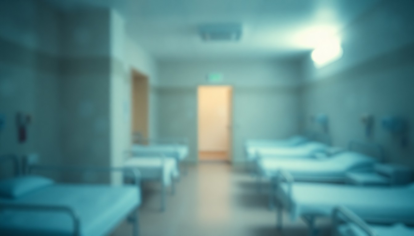 An abstract, out-of-focus photograph in muted tones depicting a blurred, dreamlike scene of a psychiatric ward, capturing the psychological themes of Blazek's memoir.