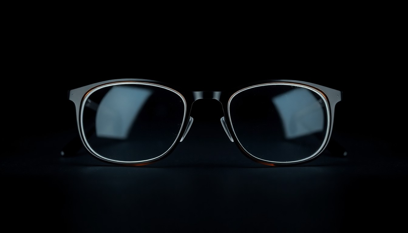 An extreme close-up photograph of a broken pair of eyeglasses on a dark background, lit by a harsh, direct camera flash, conceptually representing the aftermath of a violent incident.