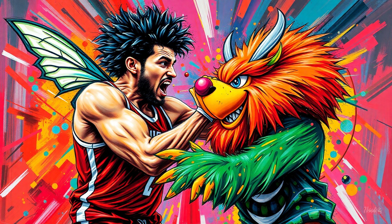 An abstract, energetic painting in neon colors depicting the physical confrontation between a basketball player and a costumed mascot, conveying the raw energy and passion of the moment.
