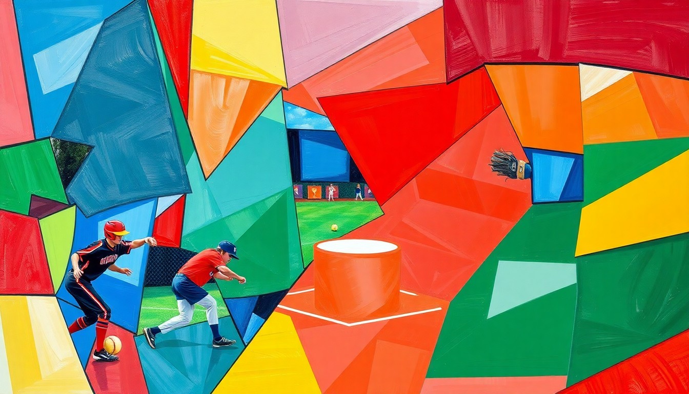 A fragmented, geometric painting in bold colors representing the dynamic action and energy of a high school softball or baseball game.