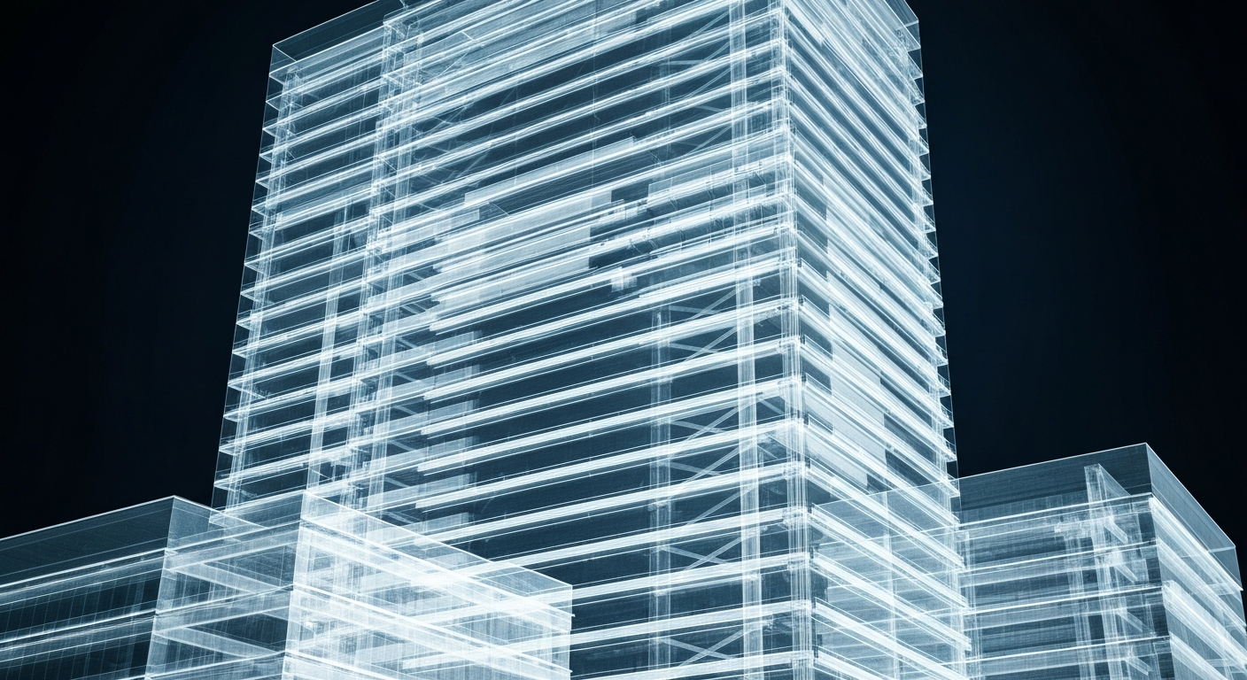 A ghostly, translucent X-ray image revealing the intricate internal framework of a hospital building, conceptually representing the financial and operational challenges facing Northern Light Health.