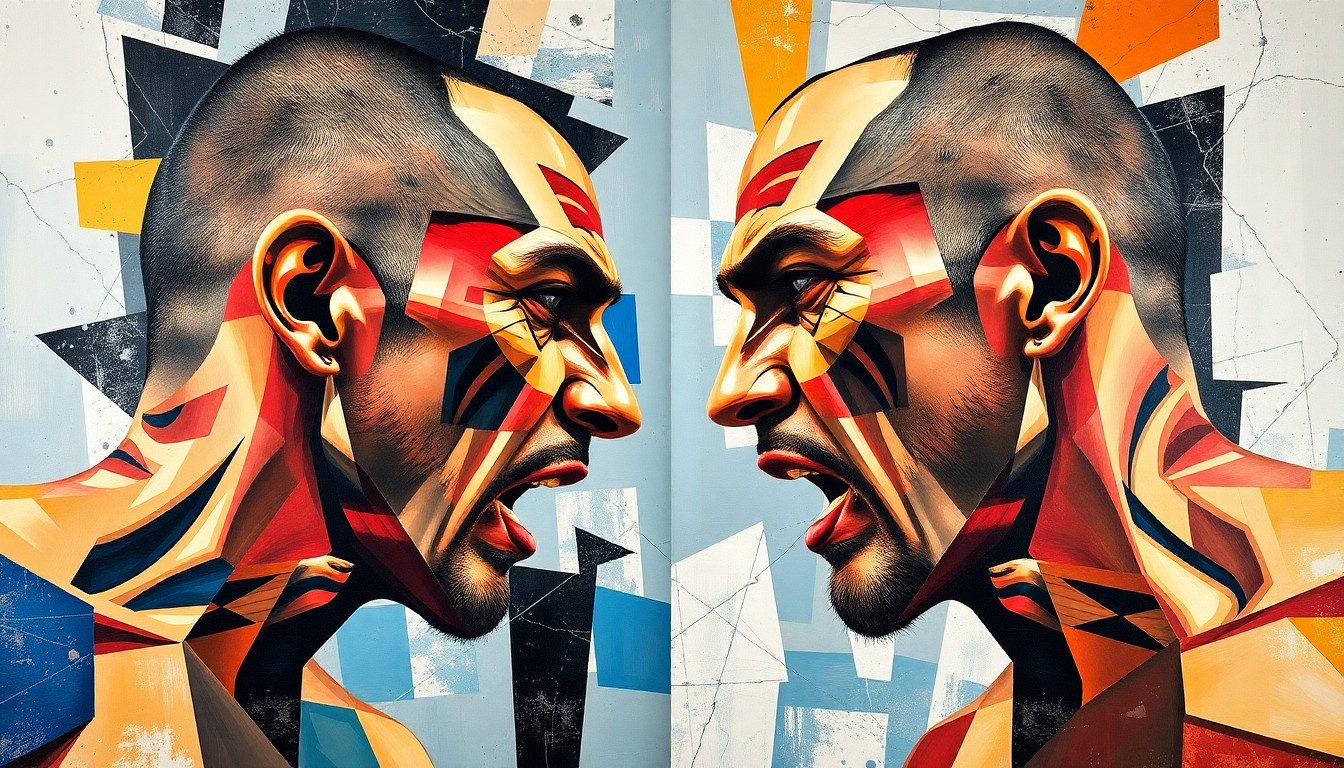 A cubist, geometric painting depicting the intense confrontation between two MMA fighters, their faces and bodies fragmented into sharp, overlapping planes of color and form.