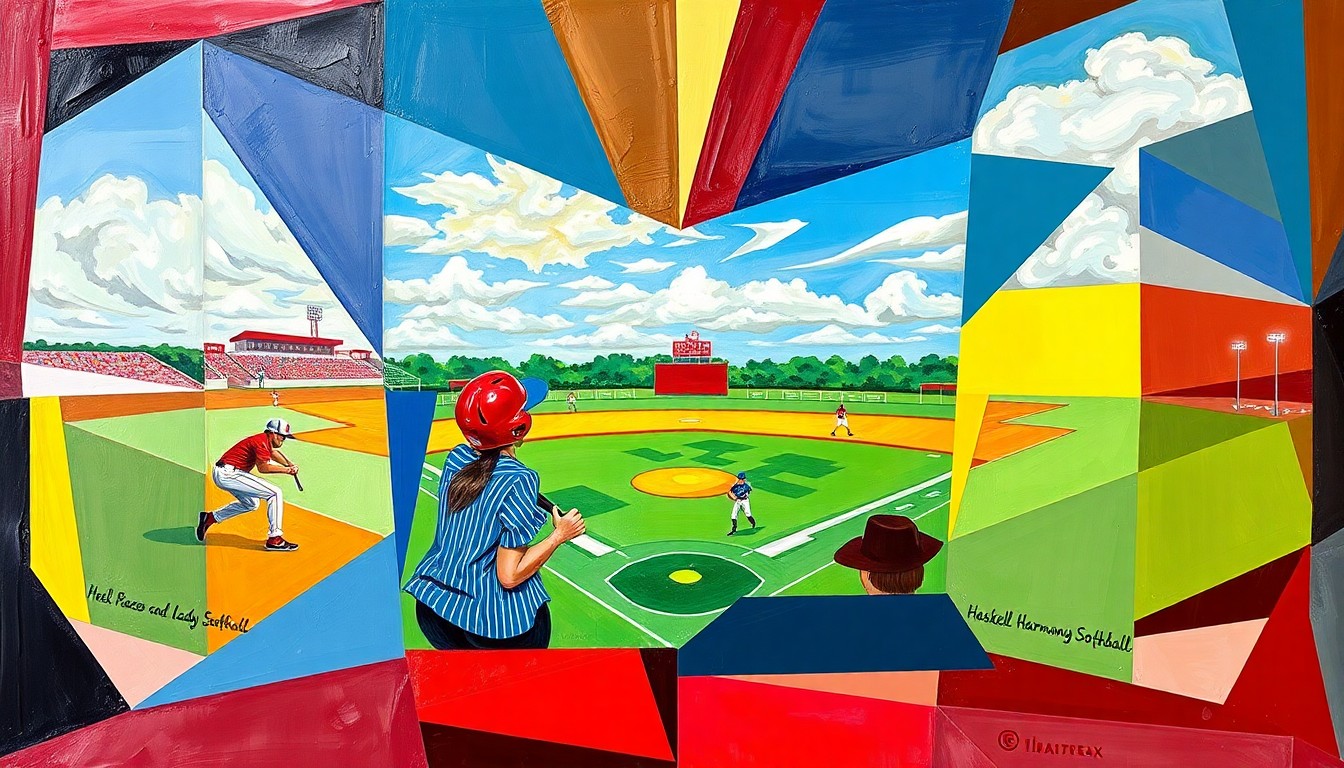 A cubist, geometric painting depicting a high school softball game, with overlapping planes of color representing the competing teams.