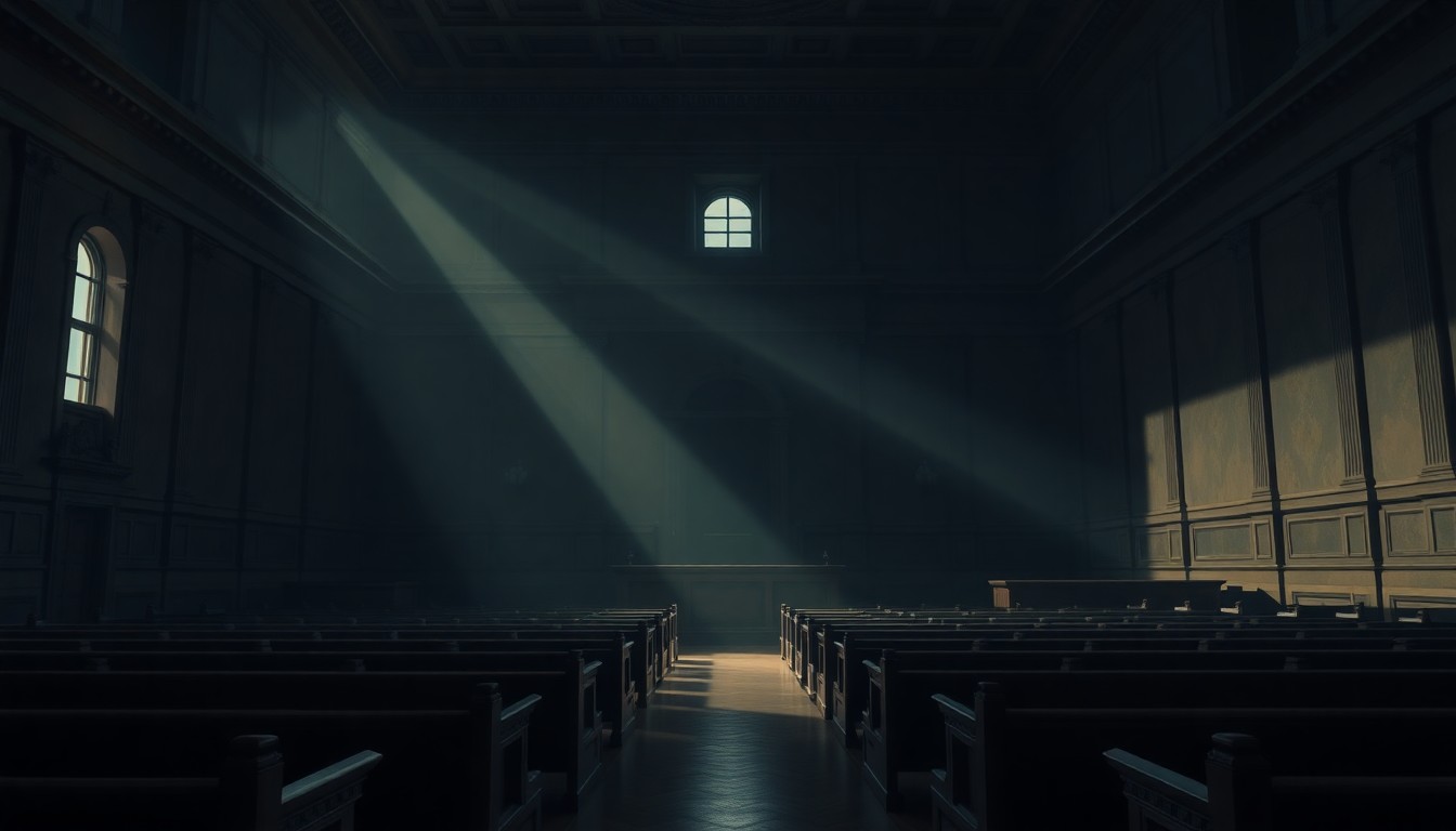 A moody, cinematic painting of an empty Supreme Court chamber, with a single beam of light casting long shadows across the ornate wooden benches, conveying a sense of quiet contemplation and the weight of the court's decisions.