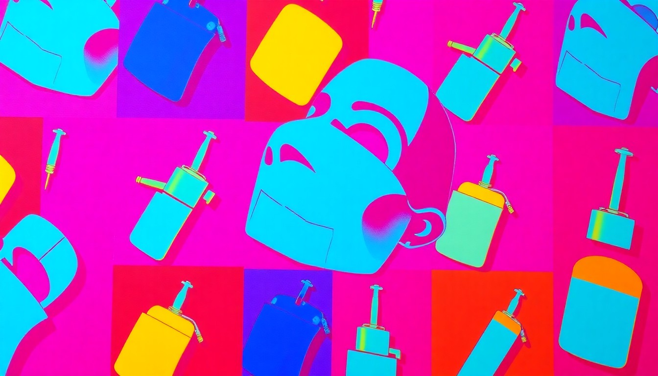 A vibrant, abstract grid of neon-colored medical spa treatment items, conceptually representing the wide range of advanced aesthetic services offered at Lov MedSpa Staten Island.