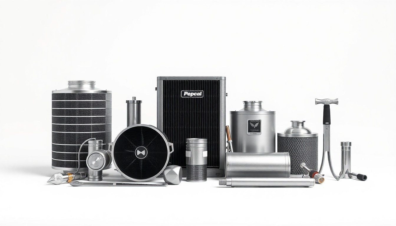 A minimalist, photorealistic studio still life featuring a collection of premium, polished HVAC components and tools arranged elegantly on a clean, monochromatic background, conceptually representing the expertise and craftsmanship of Pepcal Heating & Air's work.