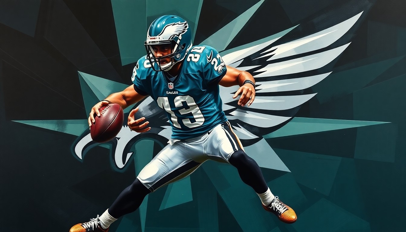 A cubist, geometric painting depicting a football player in mid-action, with sharp, overlapping planes of midnight green, silver, and black, representing the complex and fragmented nature of trade negotiations in the NFL.