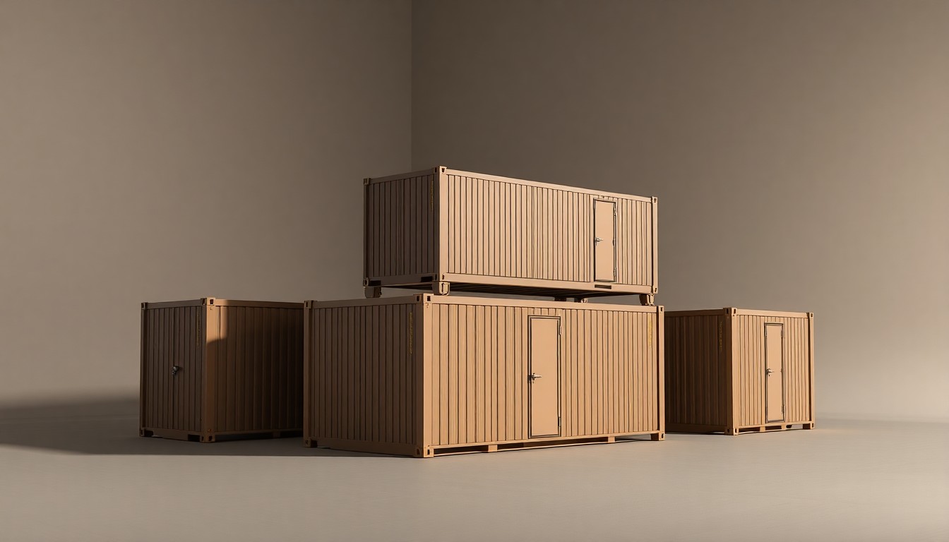 A minimalist, photorealistic studio still life featuring a stack of sleek, modern portable storage buildings in muted earth tones, conceptually representing Graceland's focus on operational excellence and financial discipline.