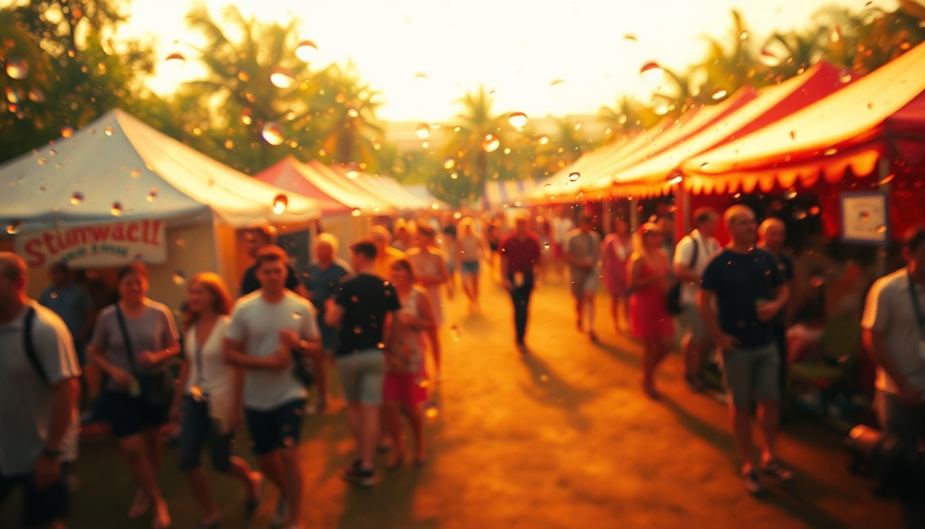 An abstract, impressionistic photograph of an outdoor festival scene, with blurred figures, tents, and greenery in a warm, colorful haze, conveying the celebratory and community-driven spirit of the Tulane Earth Day event.