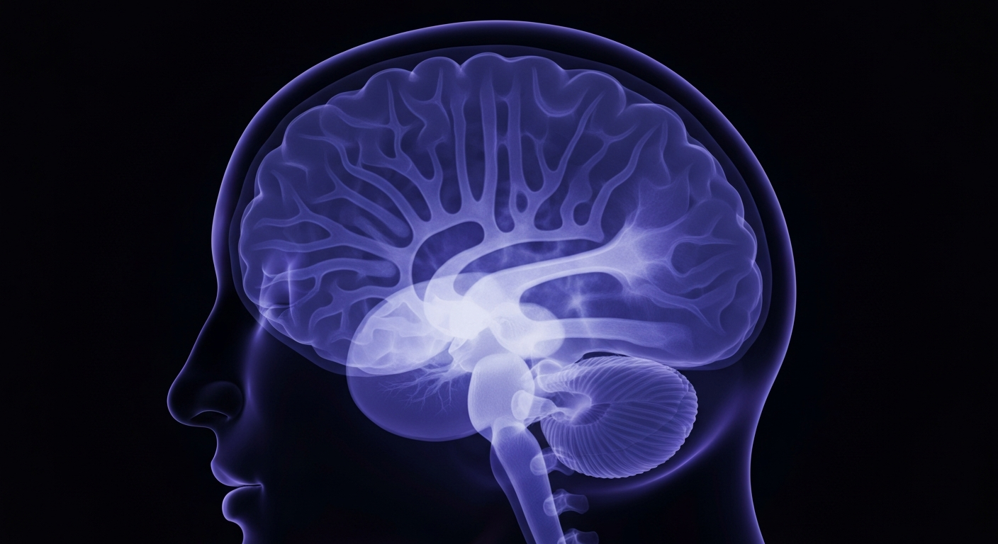 A ghostly, translucent X-ray image revealing the intricate structure of a human brain, conceptually representing the need for expanded mental health services for veterans.