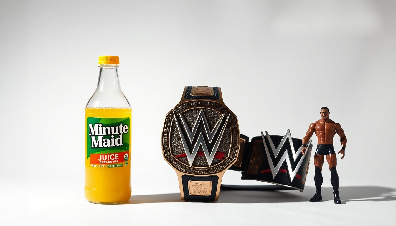 A photorealistic studio still life featuring a glass bottle of Minute Maid juice, a WWE Championship belt, and a WWE Superstar action figure, arranged elegantly on a clean, white background to symbolize the strategic brand integration between the two companies.