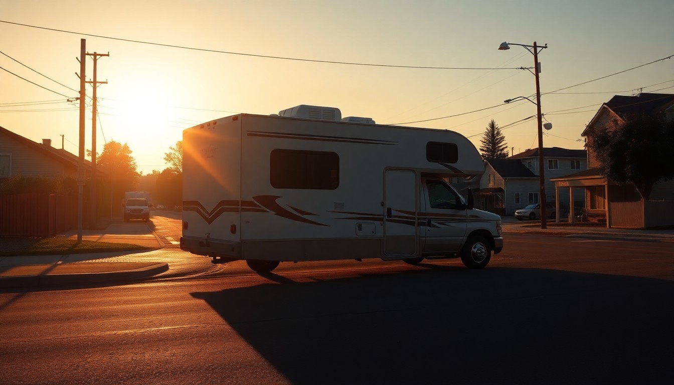 A serene, cinematic painting of a lone RV parked on an Oakland street, the vehicle's silhouette reflected in a puddle and surrounded by deep shadows, conveying a sense of isolation and the melancholy mood of the city's new homelessness policy.