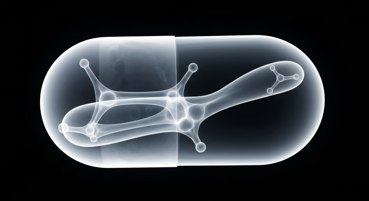 An abstract, ghostly X-ray image revealing the internal molecular structure of a Tylenol capsule, conceptually representing the scientific findings that Tylenol does not cause autism in children.
