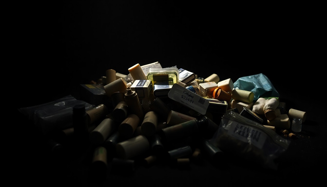 An extreme close-up photograph of a pile of seized drugs and drug paraphernalia, such as baggies and a scale, lit by a harsh, direct camera flash against a pitch-black background, conceptually illustrating the gritty details of a drug bust operation.