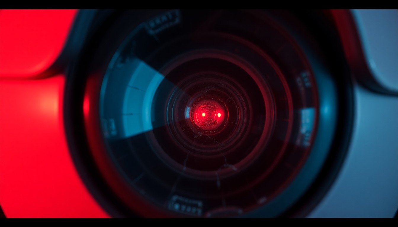 An extreme close-up photograph of a broken security camera lens, reflecting a faint red light, conceptually illustrating the unseen threat and investigation into harassment in the neighborhood.