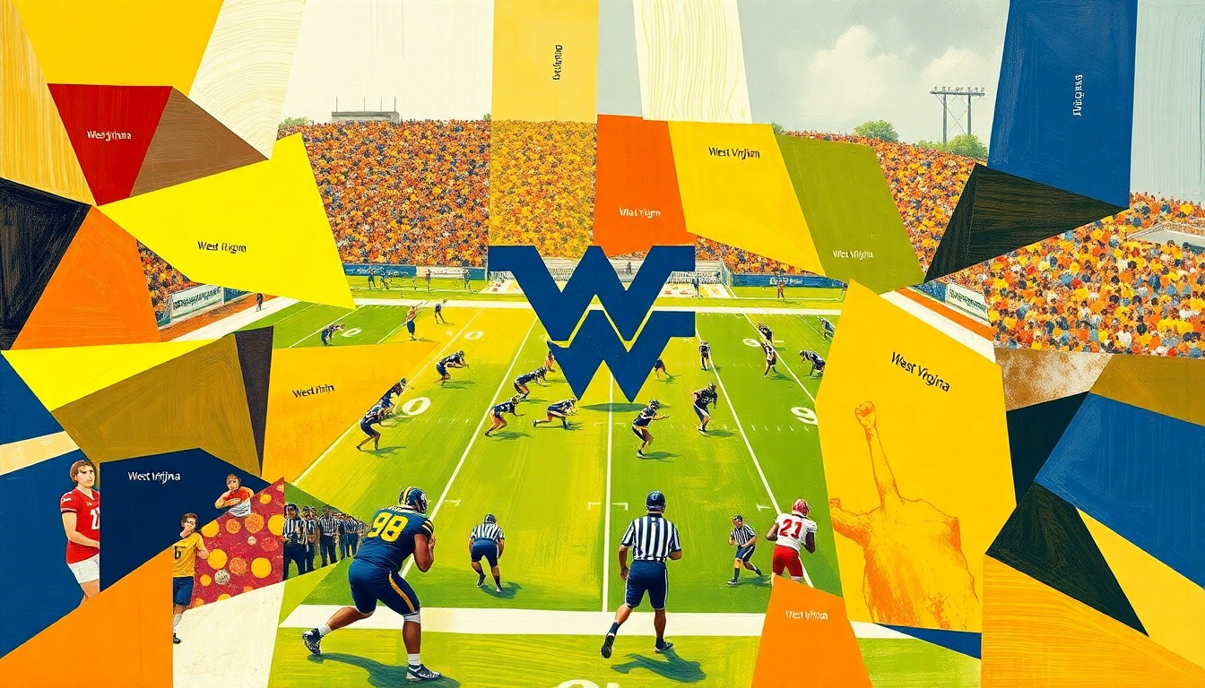 A cubist, geometric painting featuring overlapping planes of gold, blue, and white, conceptually representing the dynamic energy and team spirit of a West Virginia University football practice or game.
