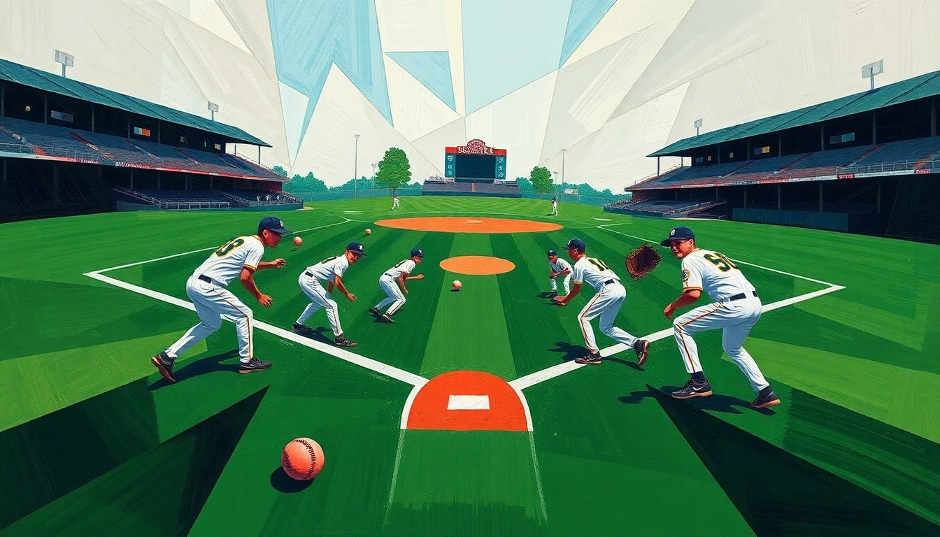 A cubist, geometric painting depicting the dynamic action of a high school baseball game, with overlapping planes of green grass, white uniforms, and red baseballs.