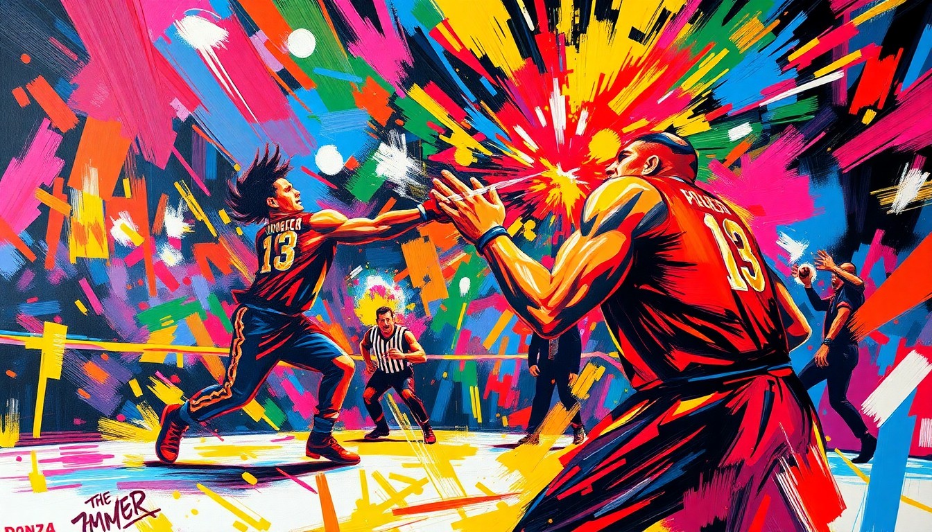 An abstract painting in neon colors and expressive brushstrokes, conceptually representing the raw intensity and explosive power of a Power Slap competition.