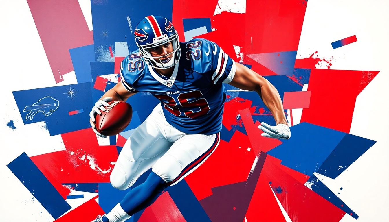 A fragmented, geometric painting depicting a football player in motion, with sharp planes of navy blue, red, and white representing the Buffalo Bills' colors and style of play.