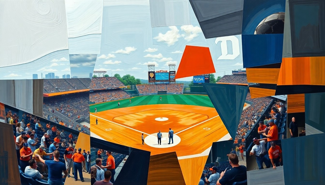 A fragmented, geometric painting depicting the action and energy of a softball game, with players and the field broken down into sharp, overlapping planes of color and shape.