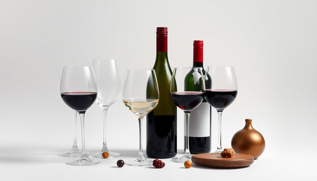 A minimalist studio still life featuring a collection of premium wine glasses, a wine bottle, and decorative objects arranged elegantly on a clean, white background, conveying the abstract concepts of shifting consumer trends and the evolving Napa wine industry.