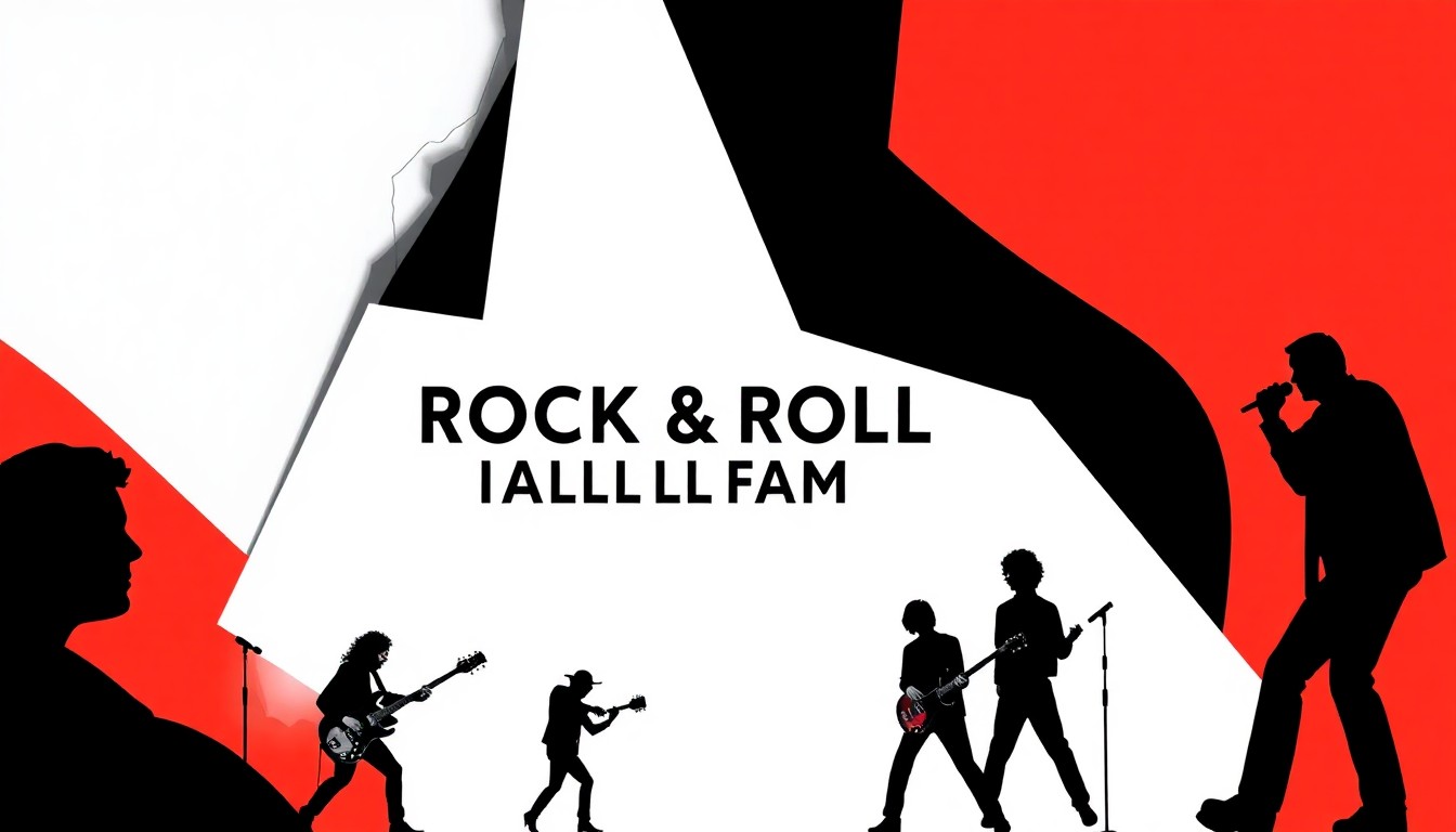 A bold, abstract composition of stark black silhouettes and geometric shapes in high-contrast red and white, conceptually representing the diverse musical icons being inducted into the Rock & Roll Hall of Fame.