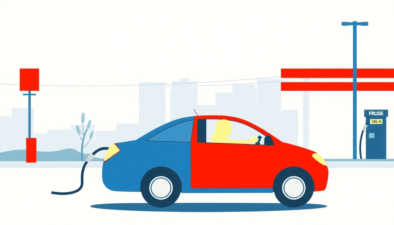 A composition of bold, overlapping geometric shapes in shades of red, blue, and yellow, conceptually representing the economic strain and emotional frustration of Long Island drivers facing high gas prices.