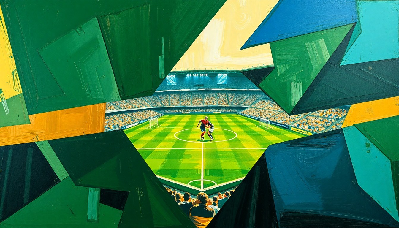 A cubist, geometric painting in shades of green, gold, and blue, depicting a fragmented, multi-perspective view of a football game or match, with sharp, overlapping planes representing the dynamic action of the sport.