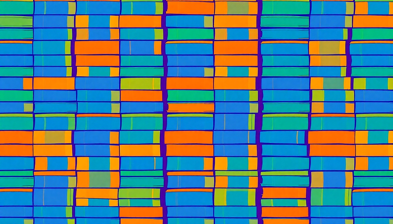 A vibrant, abstract grid of brightly colored school books in shades of blue, green, and orange, conceptually representing the leadership changes in the school district.