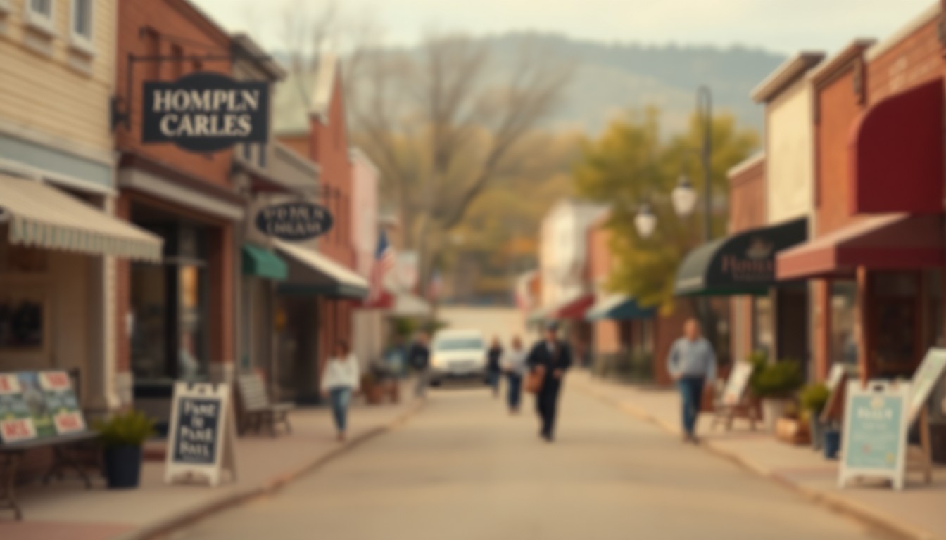 An abstract, out-of-focus photograph in soft, warm tones depicting the blurred silhouettes of people walking down a small-town main street, conceptually representing the nostalgic community gathering to celebrate the life of a long-time resident.