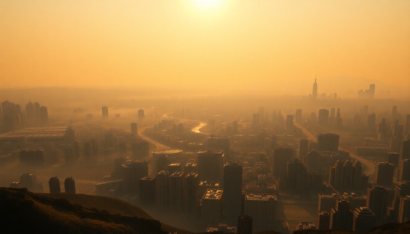 A vast, majestic landscape painting in muted tones of orange, yellow, and grey, depicting a distant city skyline obscured by a thick haze of heat and humidity, conveying the overwhelming power of extreme weather conditions.